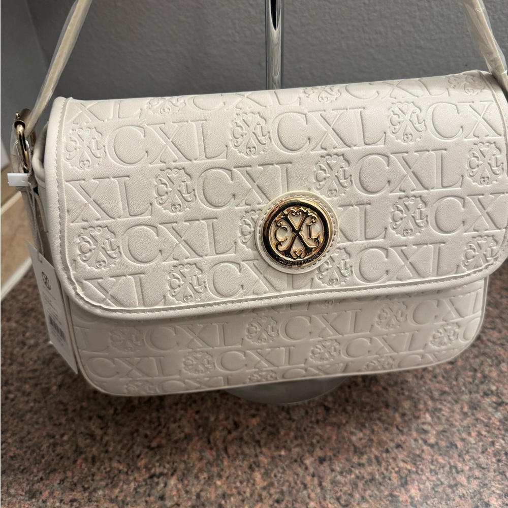 Christian Lacroix White Embossed CXL Logo Shoulder Bag with Gold Medallion